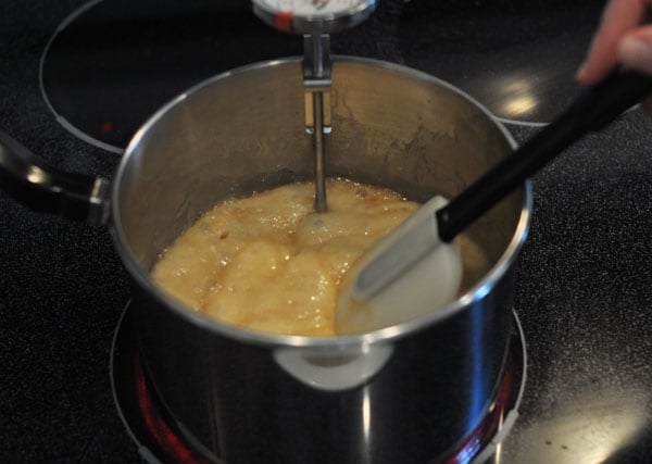 Pot with bubbly boiling butter mixture.