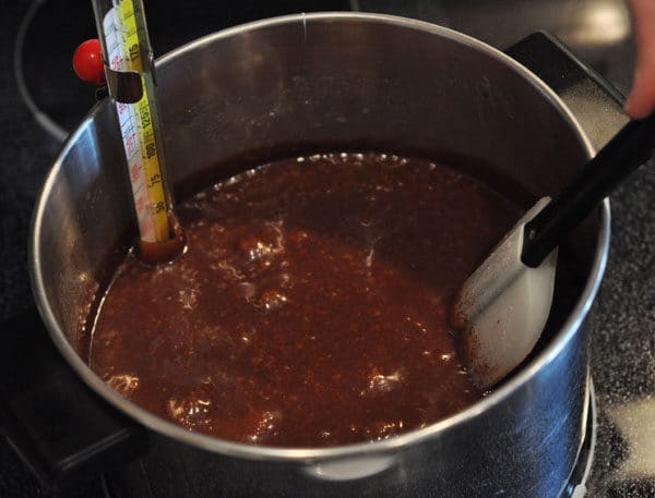 chocolate caramel starting to boil in a large pot