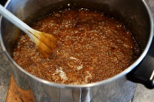 boiling sugar toffee mixture in a saucepan 