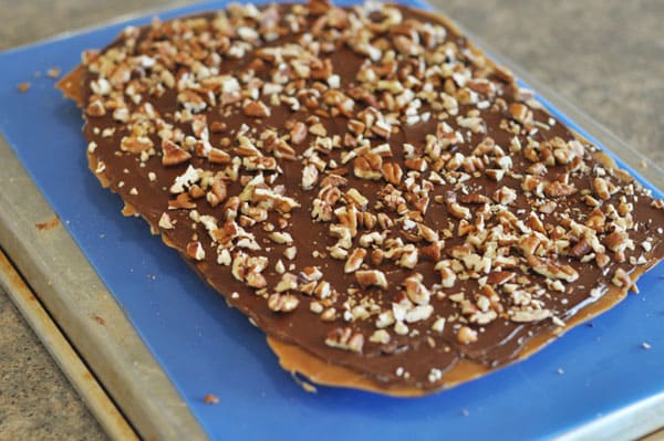 Big slab of toffee with chocolate and chopped pecans on top.