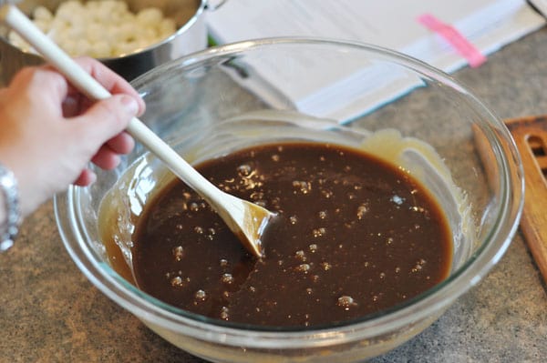 bubbly fudge mixture in a glass bowl