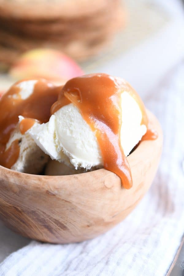 Homemade caramel sauce over vanilla ice cream.