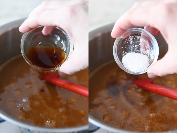 Adding vanilla and salt to homemade caramel sauce.
