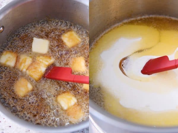 Stirring butter and cream into homemade caramel sauce.