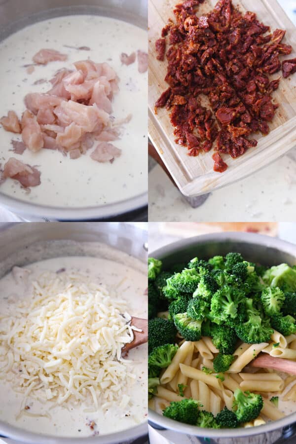 Adding chicken to creamy sauce, adding sun-dried tomatoes to sauce, adding cheese to sauce, adding broccoli and penne to sauce.