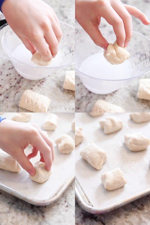 Dipping pretzel bite dough in baking soda and water solution.