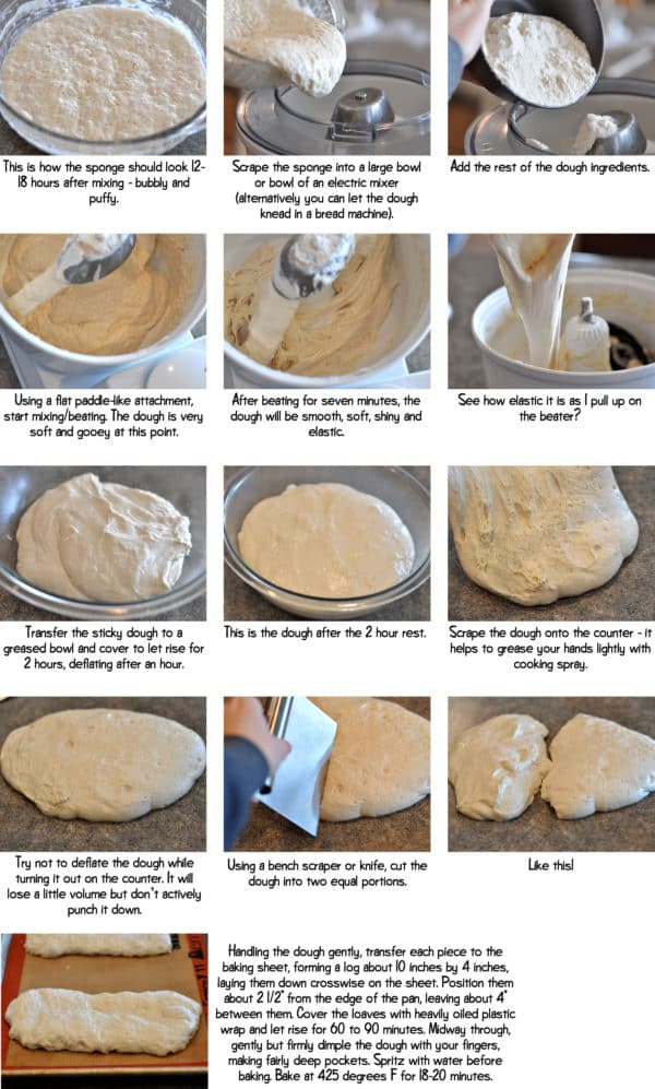 A step-by-step collage of how to make ciabatta bread.