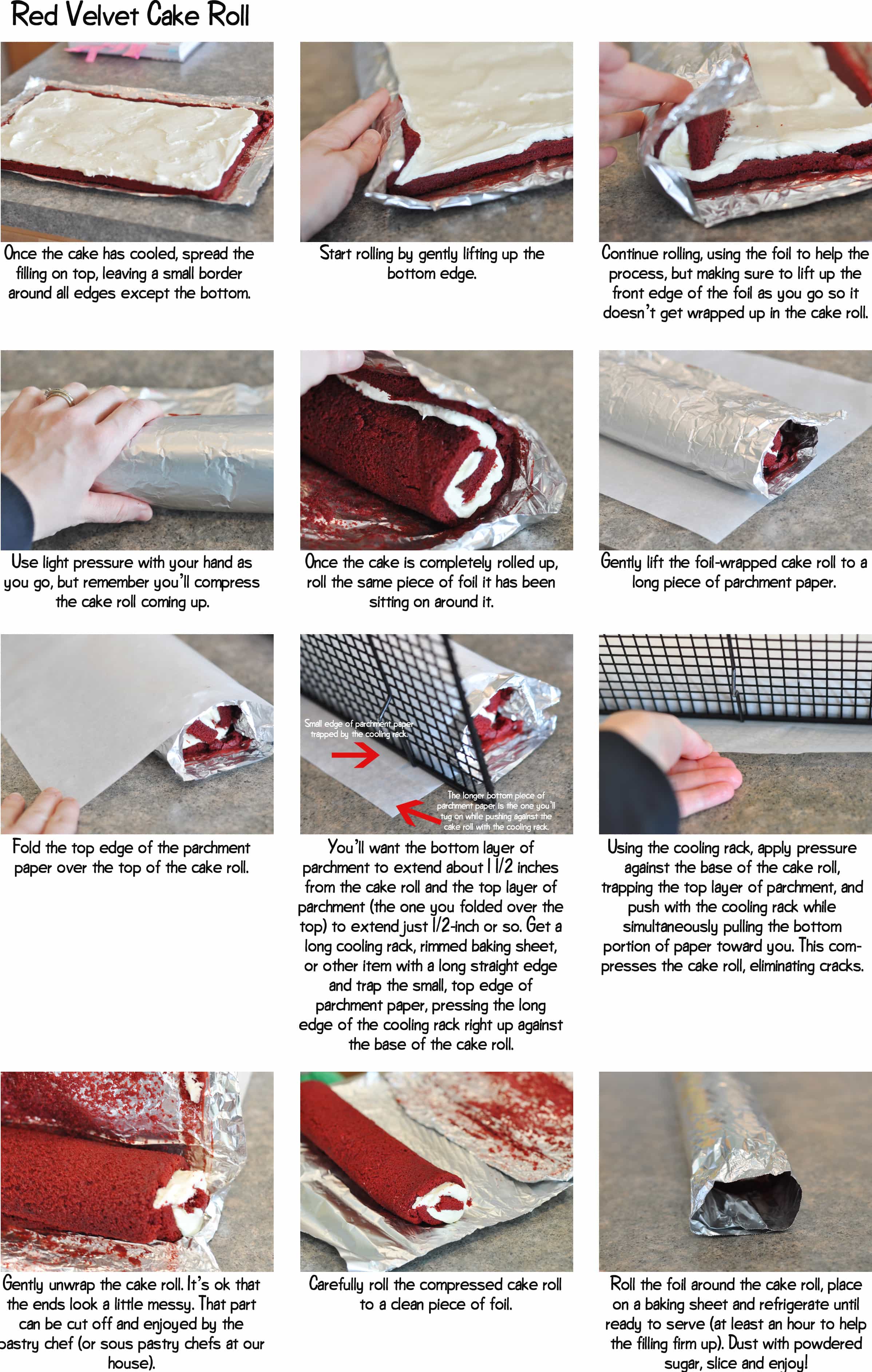 step-by-step pics collage of how to make a red velvet cake roll