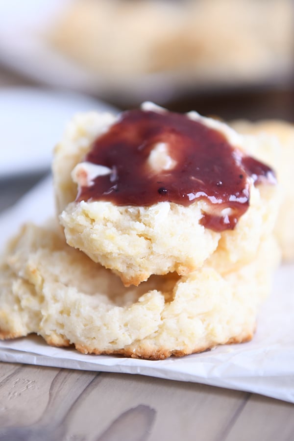 Easy flaky buttermilk drop biscuit with butter and jam.