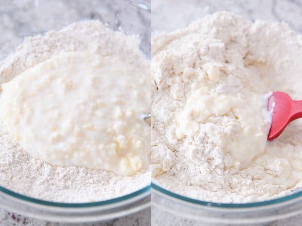 Mixing wet ingredients into dry for buttermilk drop biscuits.