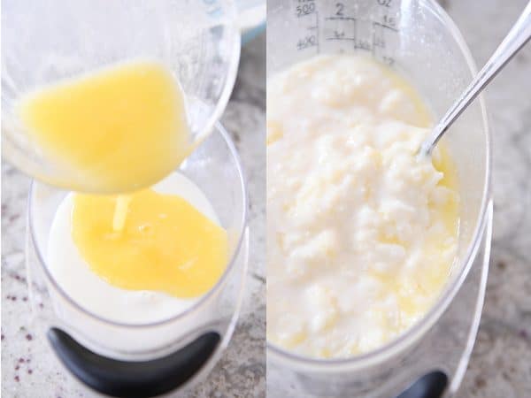 Mixing butter into buttermilk for buttermilk drop biscuit dough