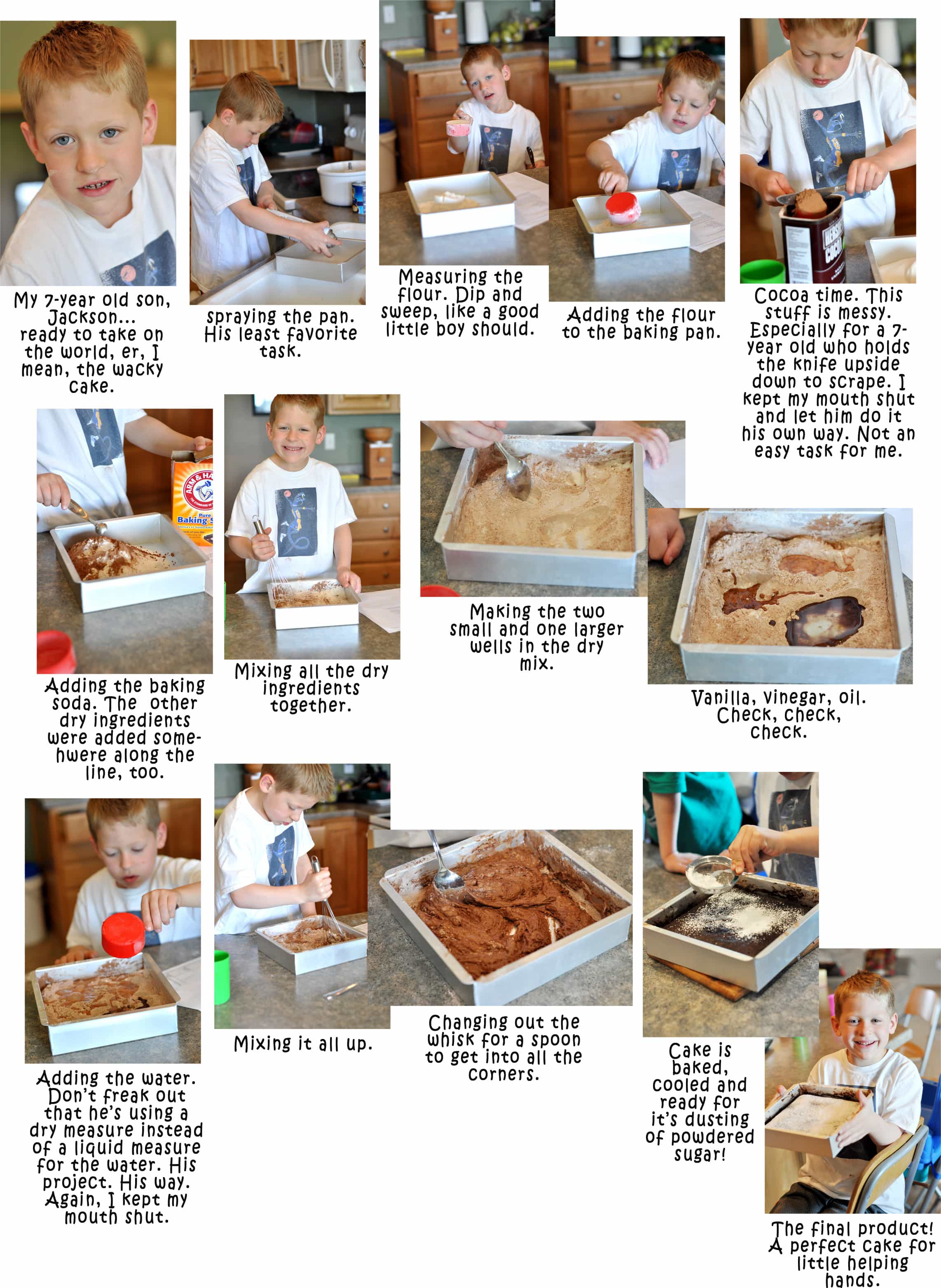 a collage of step-by-step photos of a little boy making a chocolate cake