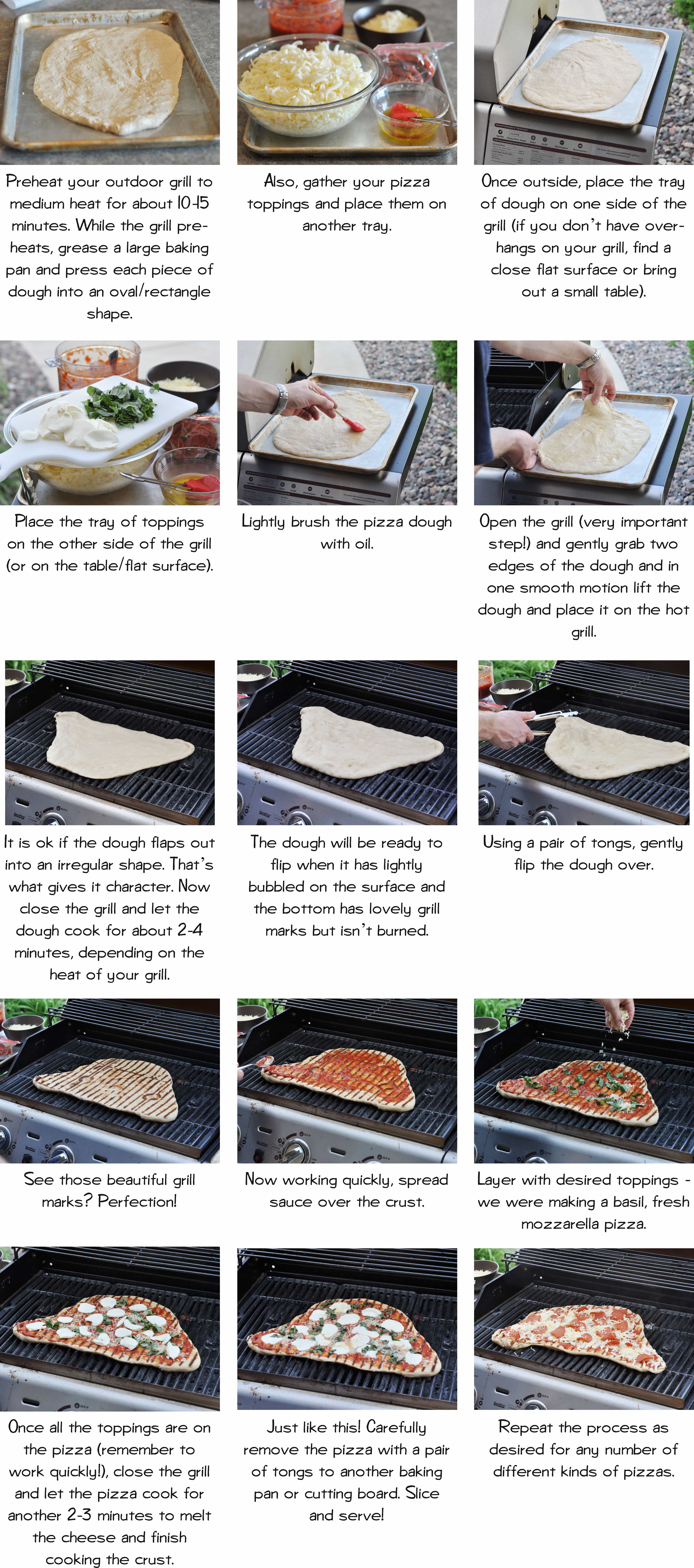A collage of step-by-step pictures of how to make grilled pizza.