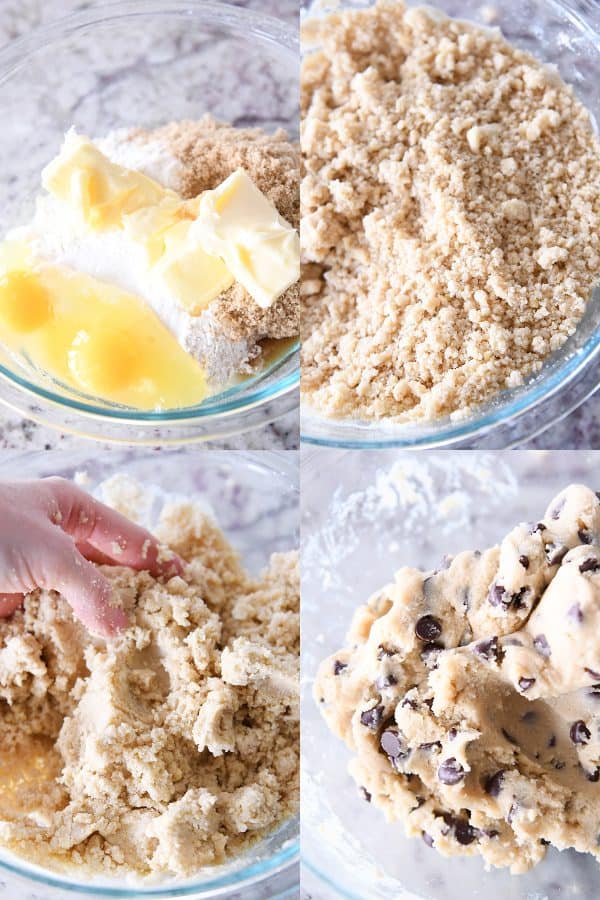 Eggs, butter and sugar in bowl; mixing sugar and butter together; pressing dough with hands.