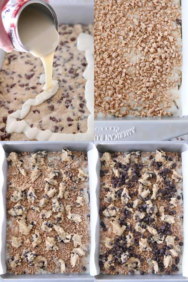 Pouring sweetened condensed milk over dough, toffee bits on bars, crumbled cookie dough and chocolate chips on top of bars.