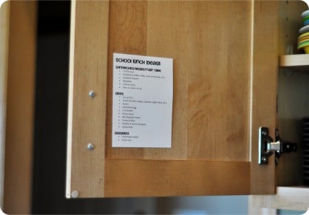 kitchen cupboard door with a laminated lunch list taped inside