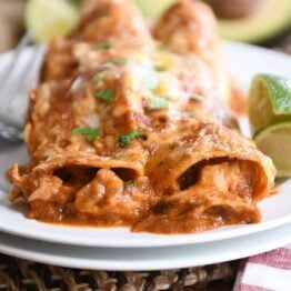Two of the best red sauce chicken enchiladas on white plate.