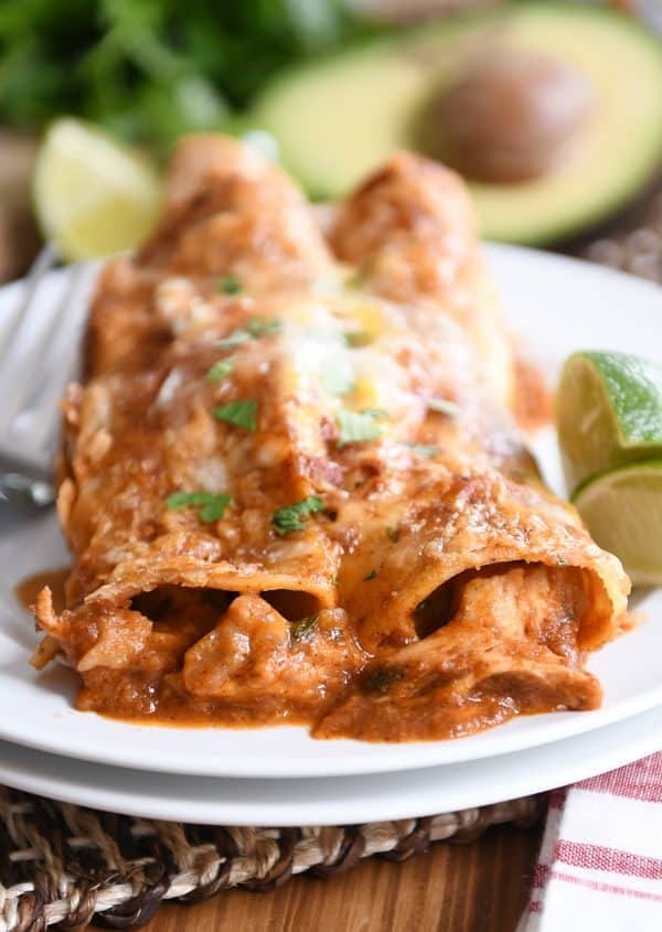 Two of the best red sauce chicken enchiladas on white plate. 