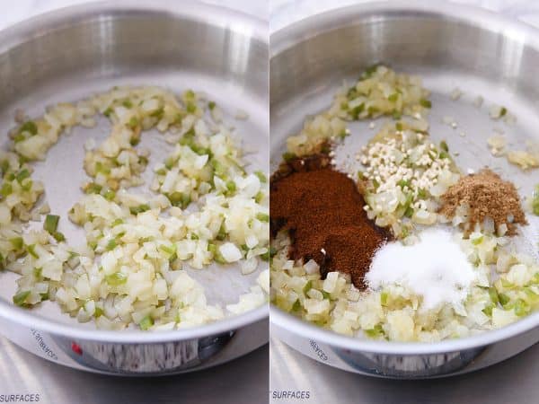 Cooking onions, jalapeno and garlic and spices for red sauce chicken enchiladas.
