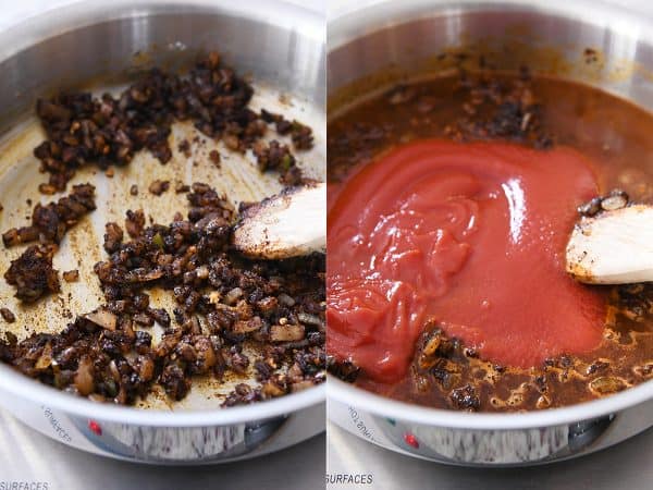 Adding tomato sauce to the onions and jalapenos for the best red sauce chicken enchiladas.