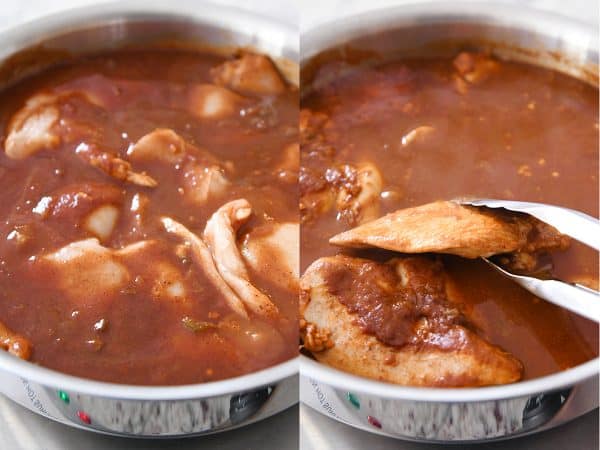 Cooking chicken in the red sauce for enchiladas.