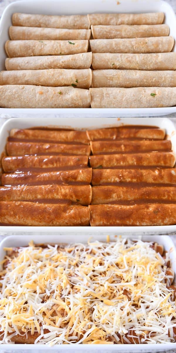 Rolled enchiladas in pan, sauce poured on top of enchiladas, cheese sprinkled on top.