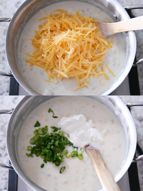 adding shredded cheddar cheese, green onions and sour cream to loaded baked potato soup