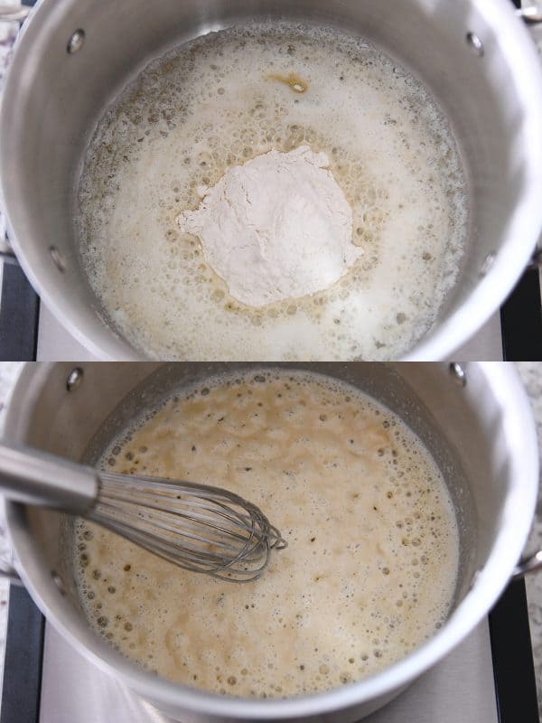 melting butter and adding flour for roux