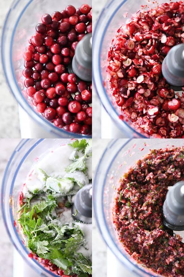 Cranberries in food processor, chopped up cranberries in food processor, cilantro and sugar in food processor, cranberry mixture processed in food processor.