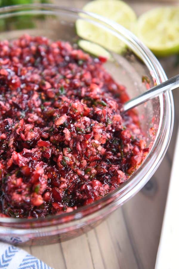 Cranberry jalapeno mixture in glass bowl.