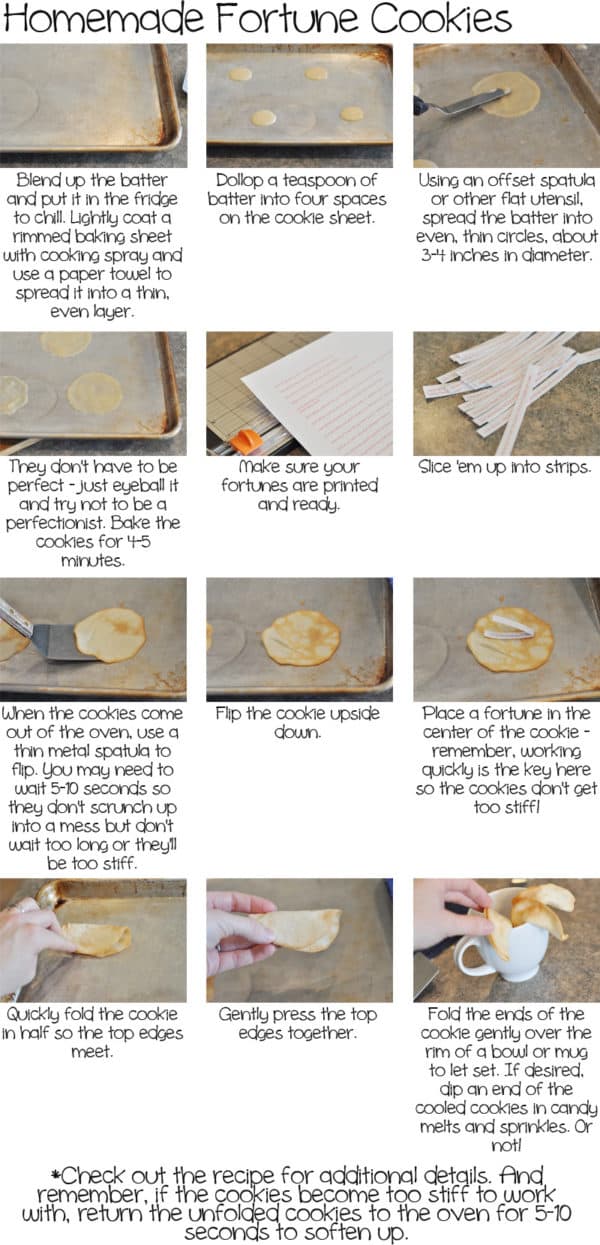 Step-by-step pictures of how to make homemade fortune cookies.