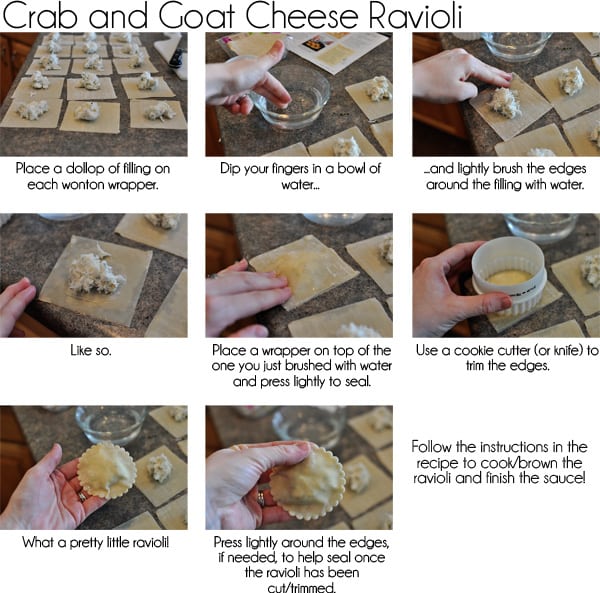 Step-by-step photos of how to assemble crab and goat cheese ravioli.