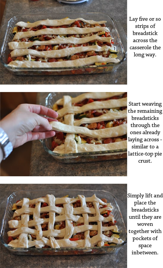 collage of pictures showing and explaining how to assemble a breadstick casserole