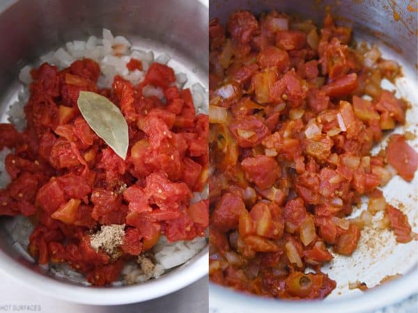 cooking tomatoes and onions in pot for tomato soup