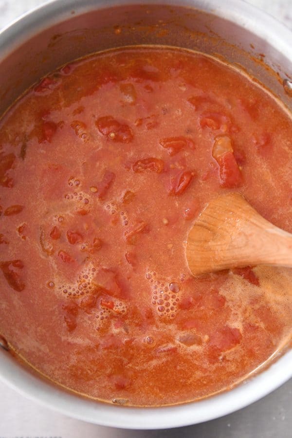 Cooking tomato soup in pot.