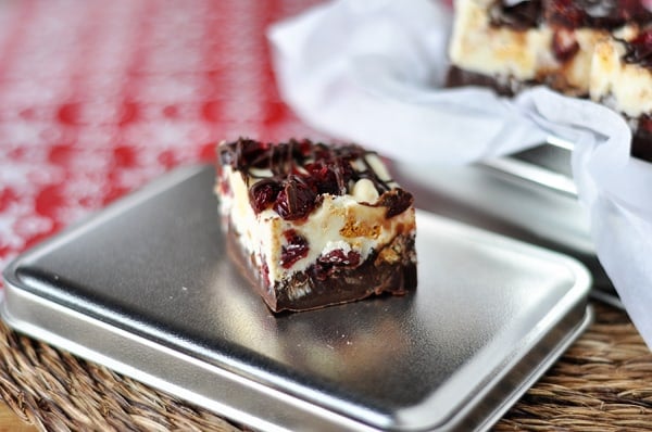 A small square of holiday bark topped with chocolate drizzle and cranberries.