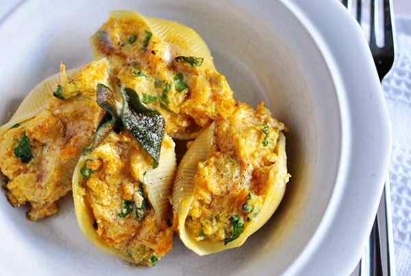 Top view of butternut squash and sage filled jumbo pasta shells.