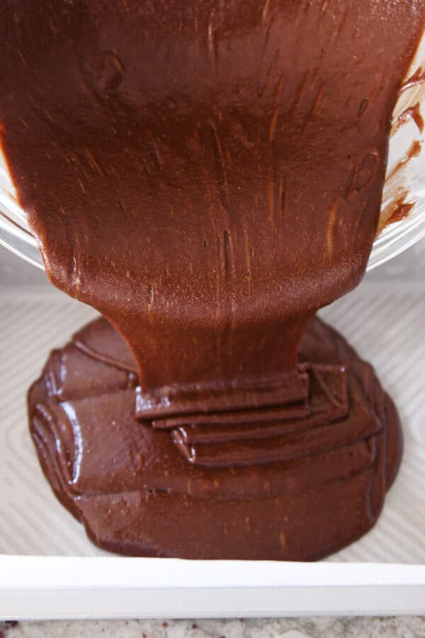 Pouring brownie batter into 9X13-inch pan.