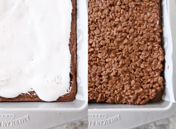 Side by side pans of brownies with marshmallow cream and rice krispie topping.