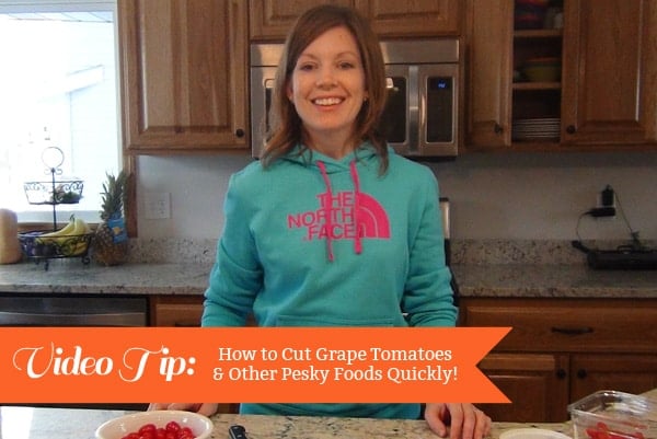 picture of a lady and the text Video Tip: Cutting Grape Tomatoes Quickly