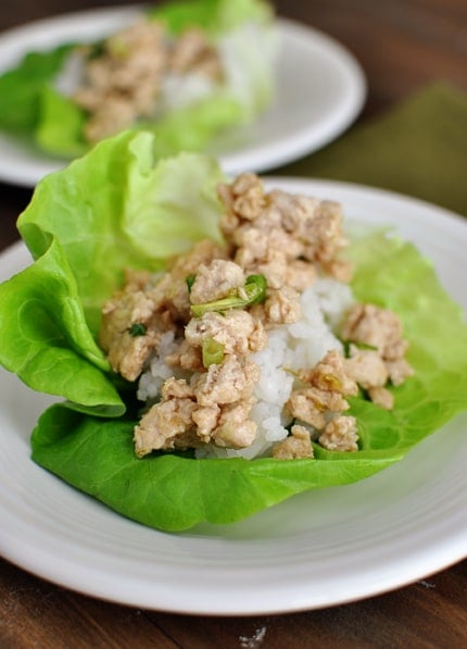 Asian chicken and rice lettuce wrap on a white plate.