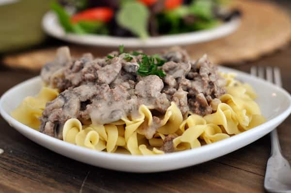 A creamy ground beef mixture over a bed of egg noodles. 