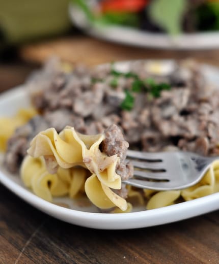 A beef stroganoff mixture over a bed of cooked egg noodles with a fork taking a bite out