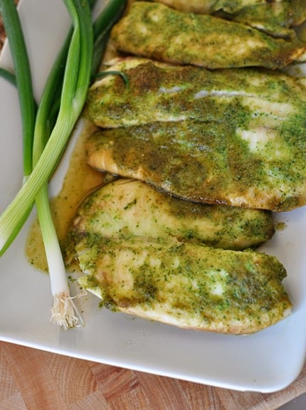 Top view of baked tilapia with a ginger and cilantro sauce on top of each fillet and green onions on the side.