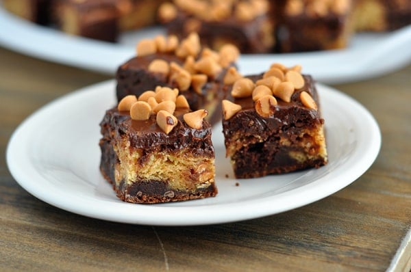 Three square butterscotch bars topped with chocolate frosting and butterscotch chips on a white plate.