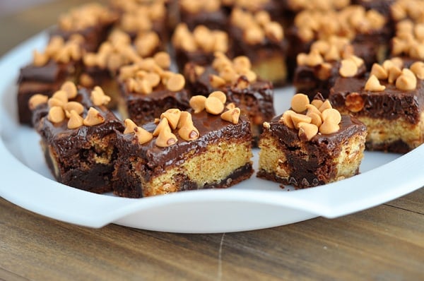 a white dish full of butterscotch bars topped with chocolate frosting and butterscotch chips