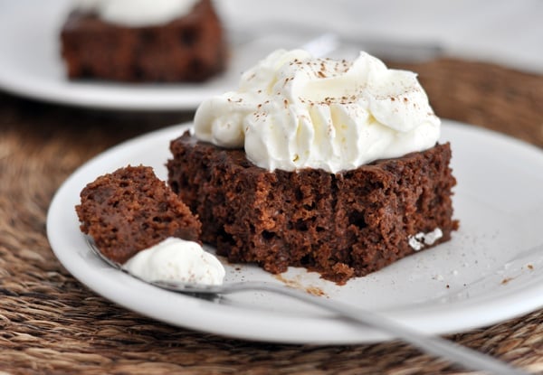 A piece of chocolate cake with whipped topping with a bite taken out on a white plate.