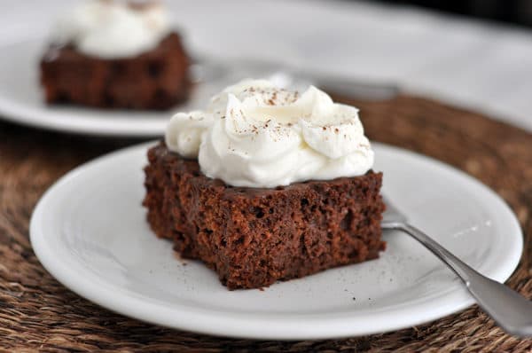 A white plate with a piece of chocolate cake covered in whipped topping.