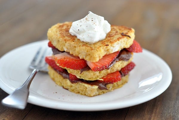 Side view of a chocolate and strawberry stuffed french toast.