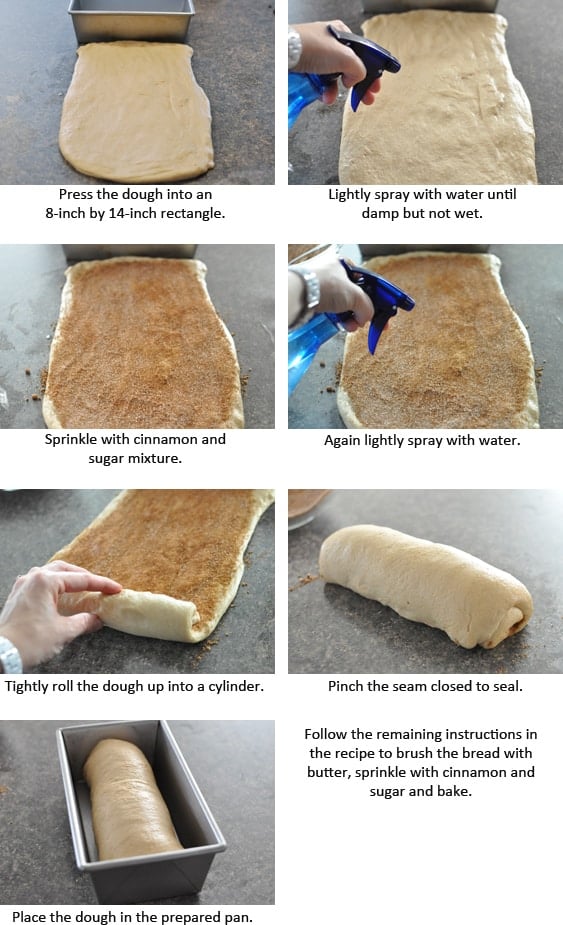 collate of pictures and instructions of how to make cinnamon swirl bread